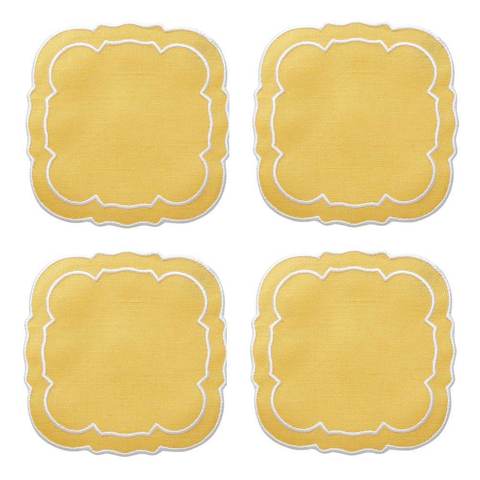 Set Of 4 Linho Scalloped Square Coaster  - Yellow/White | Porta Vasos | Panderetta Bordados
