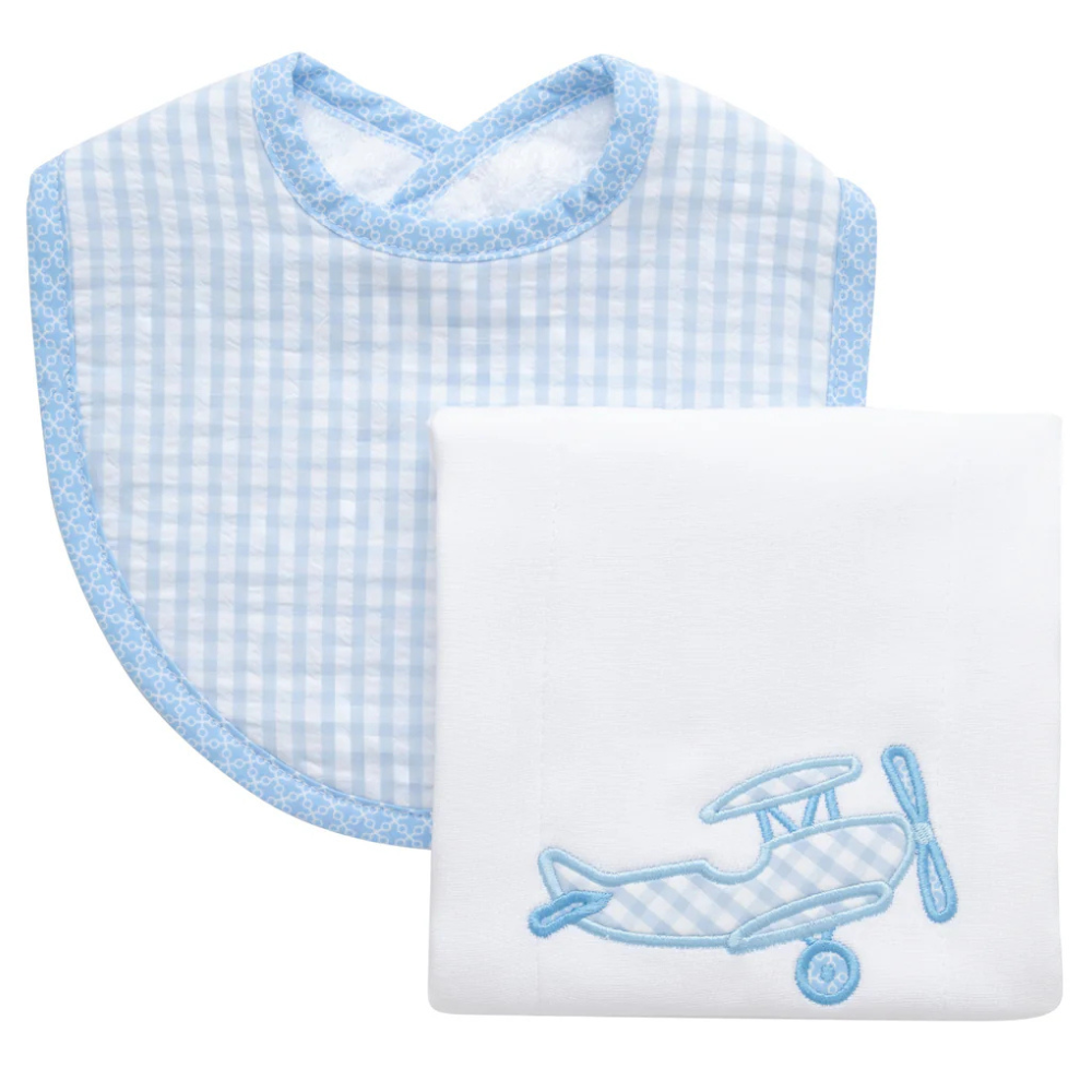 Boxed Burp/Bib Set Blue Plane