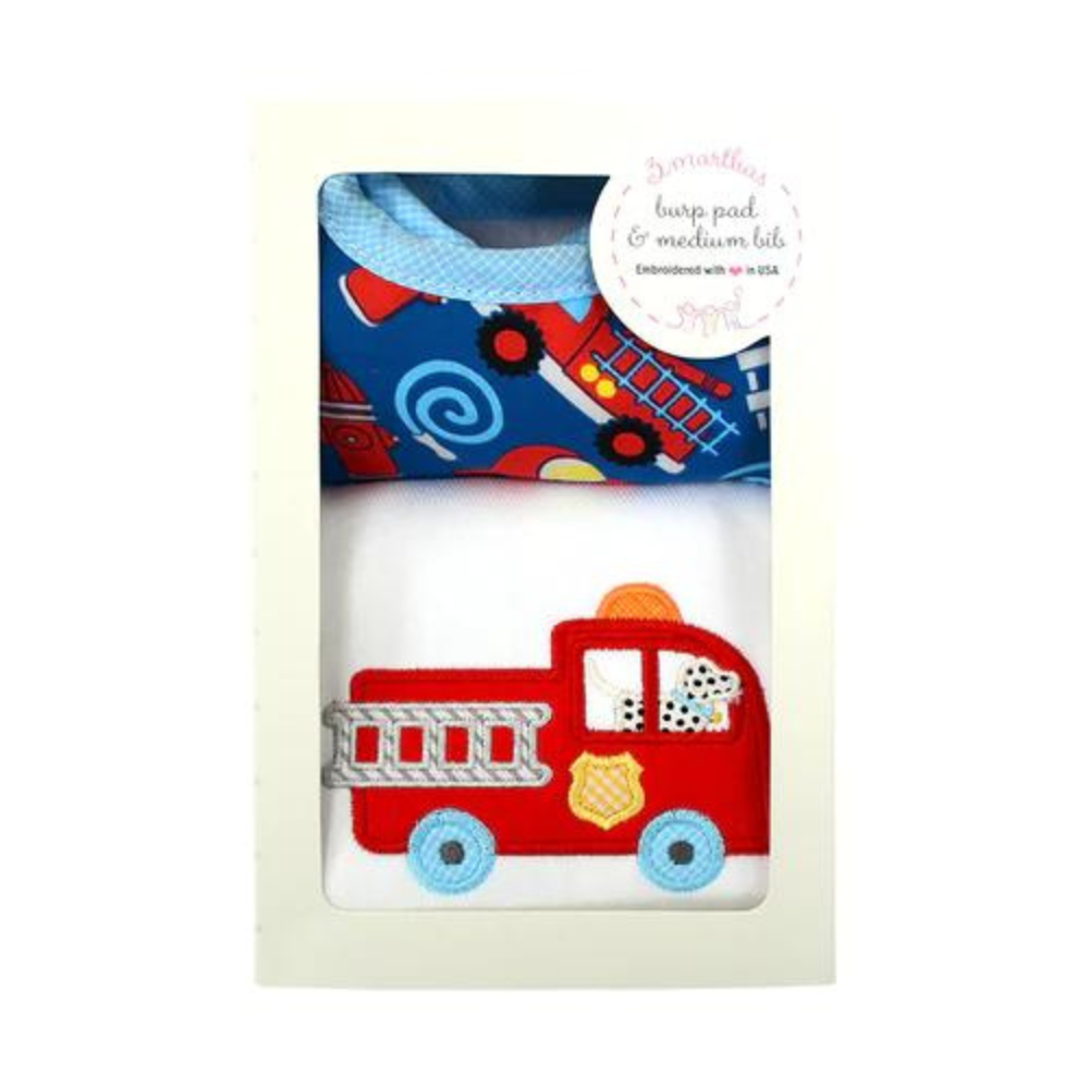 Boxed Burp/Bib Set Firetruck