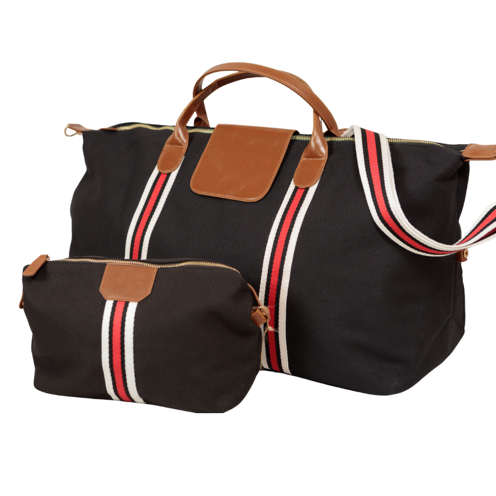 Original Duffel Bag Black with Red Stripes and Tan Leather