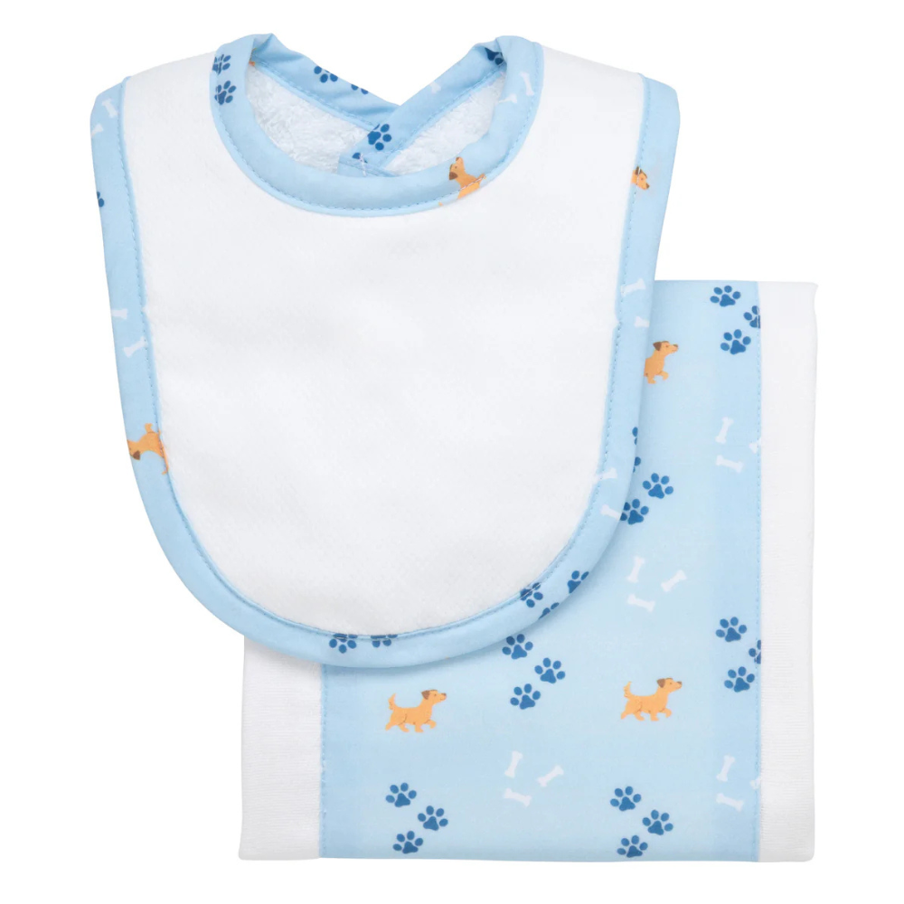 Burp/Drooler Set Blue Puppy Trim