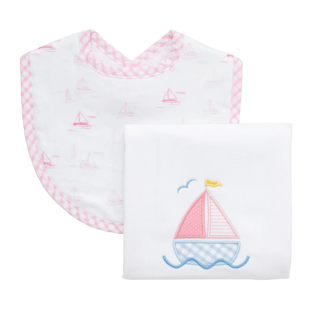 Boxed Burp/Bib Set Pink Sailboat - New