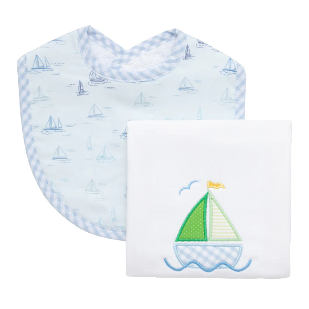 Boxed Burp/Bib Set Blue Sailboat - New