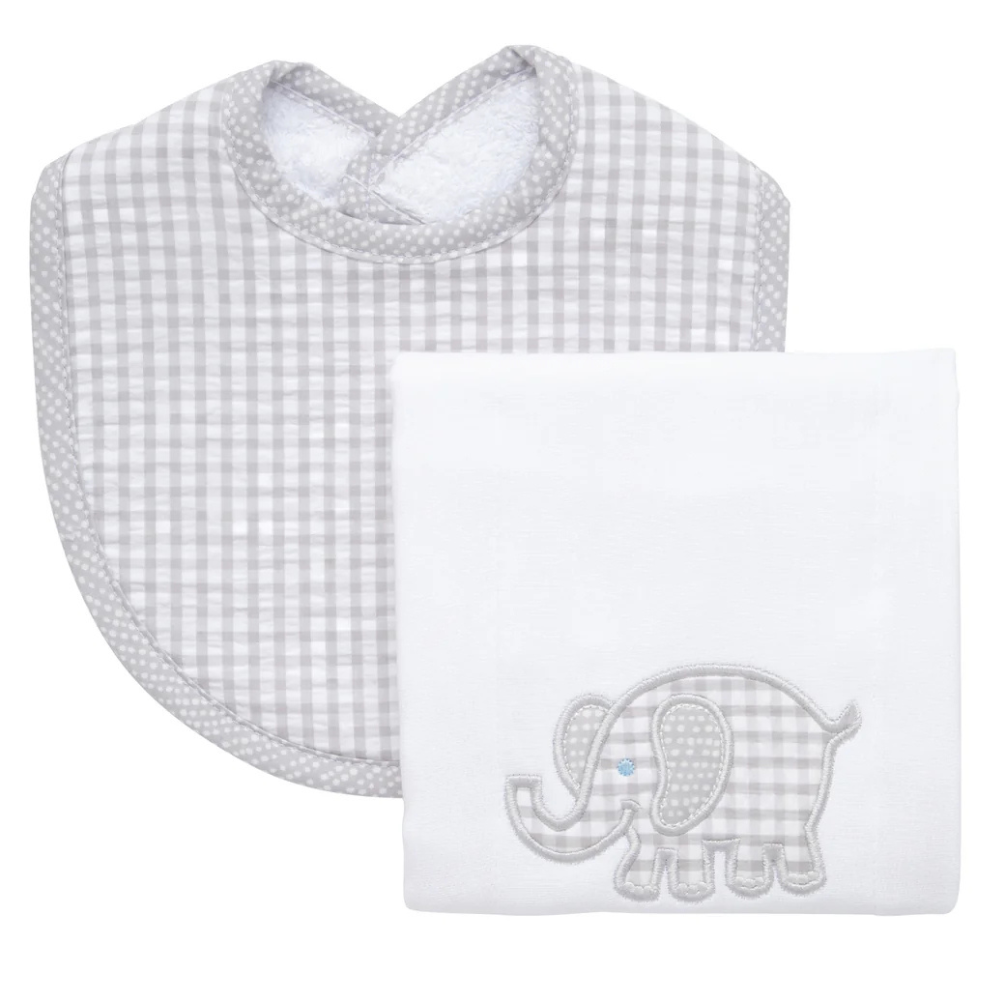 Boxed Burp/Bib Set Gray Elephant