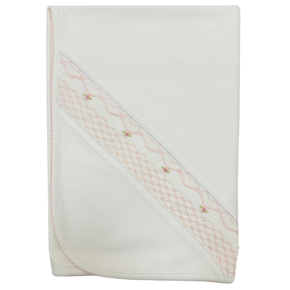 Manta Blanca Nido de Abeja Rosado/Flores