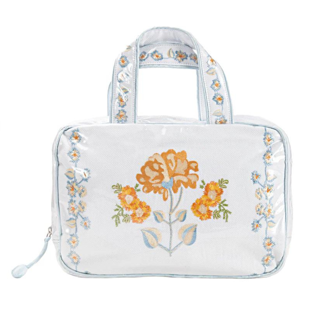 Embroidered Double Handle Cosmetic Bag - Blue Peony