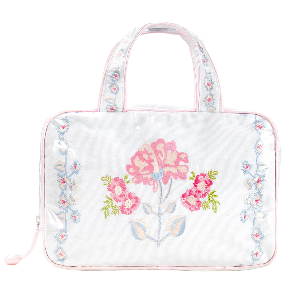 Embroidered Double Handle Cosmetic Bag - Pink Peony