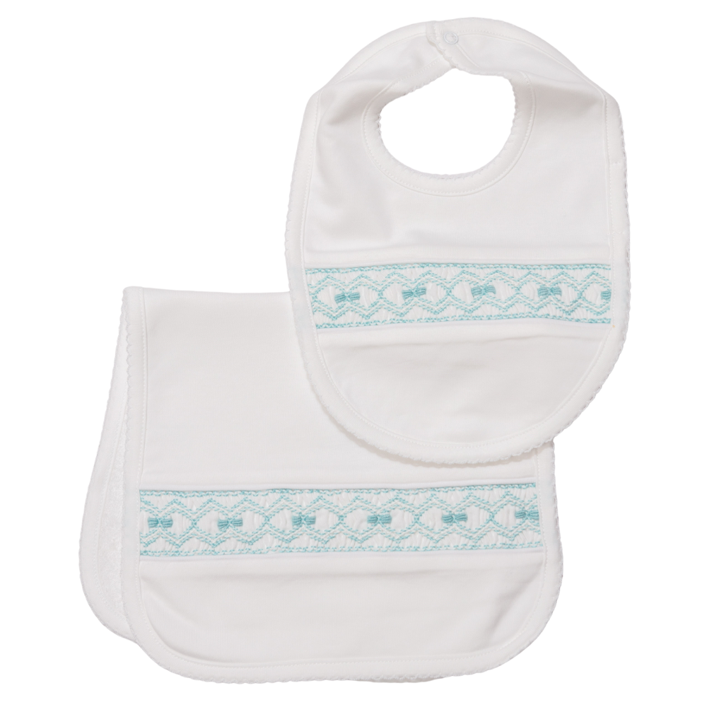 Set Babero y Babita Blanco Nido de Abeja Menta Lazos