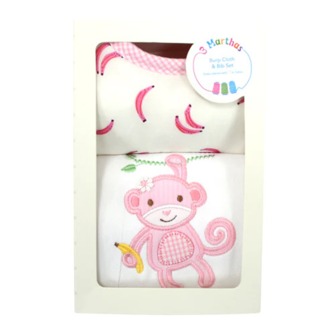 Boxed Burp/Bib Pink Monkey