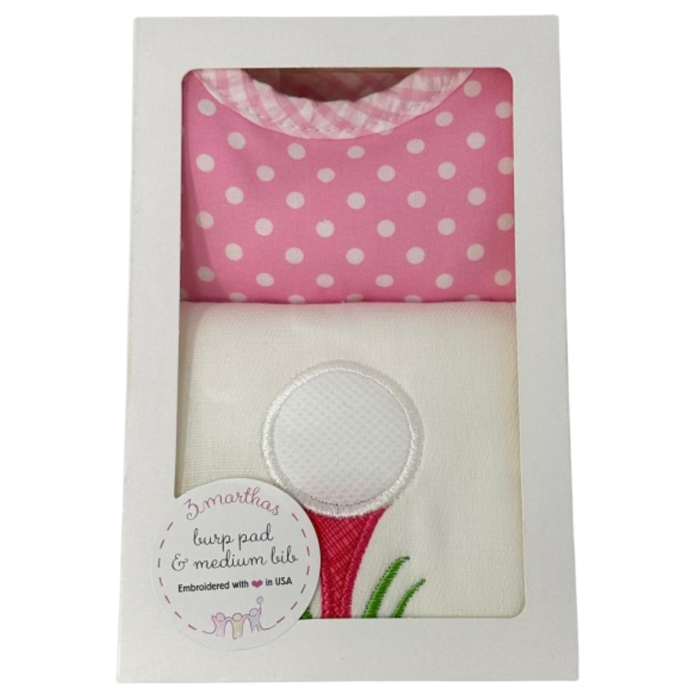Boxed Burp/Bib Set Pink Golf