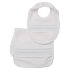 Set Babero y Babita Blanco Nido de Abeja Vertical Celeste