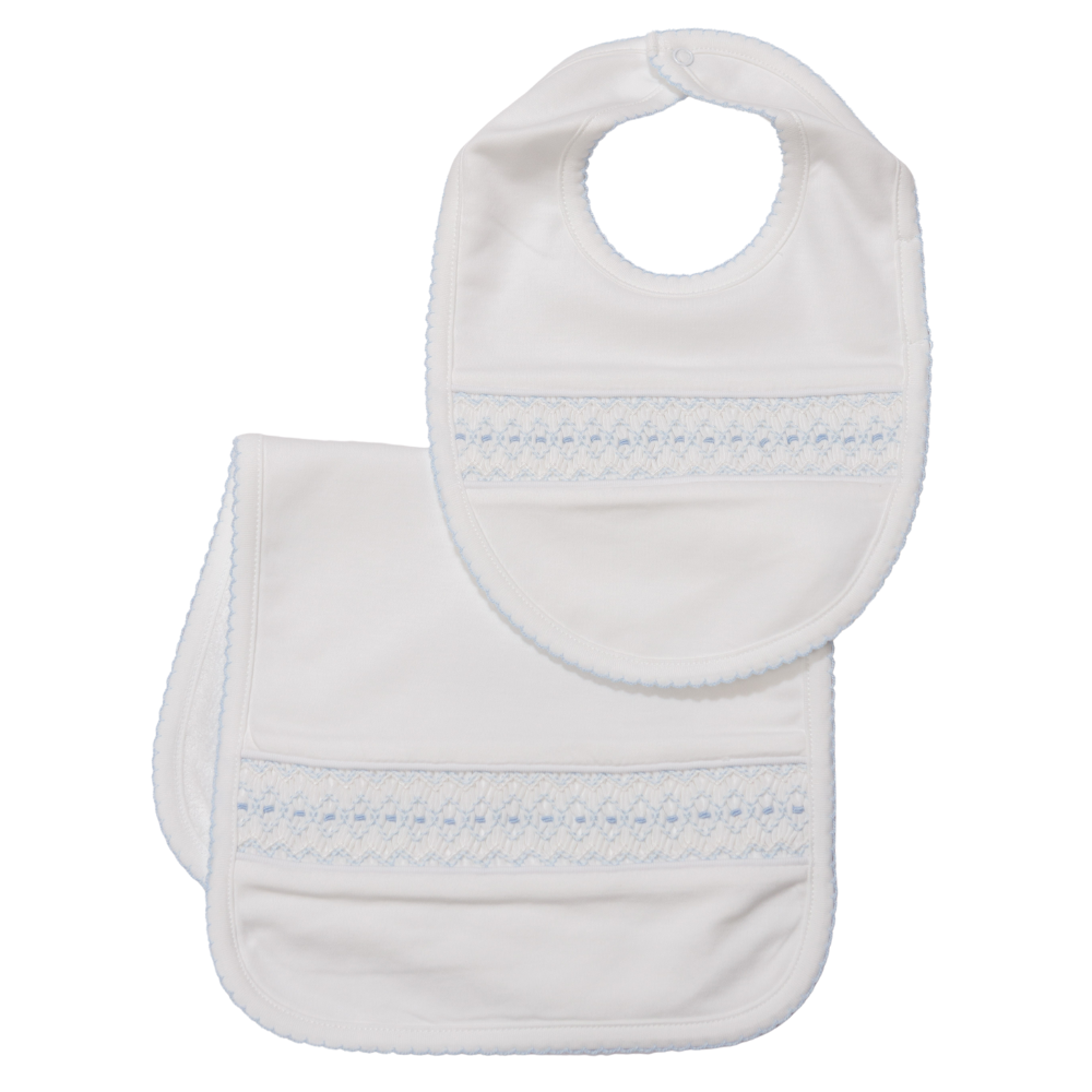 Set Babero y Babita Blanco Nido de Abeja Vertical Celeste