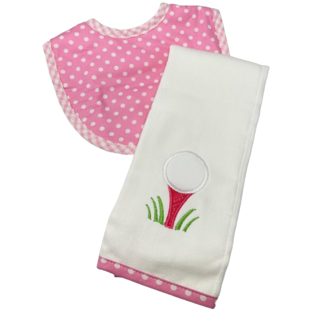 Boxed Burp/Bib Set Pink Golf