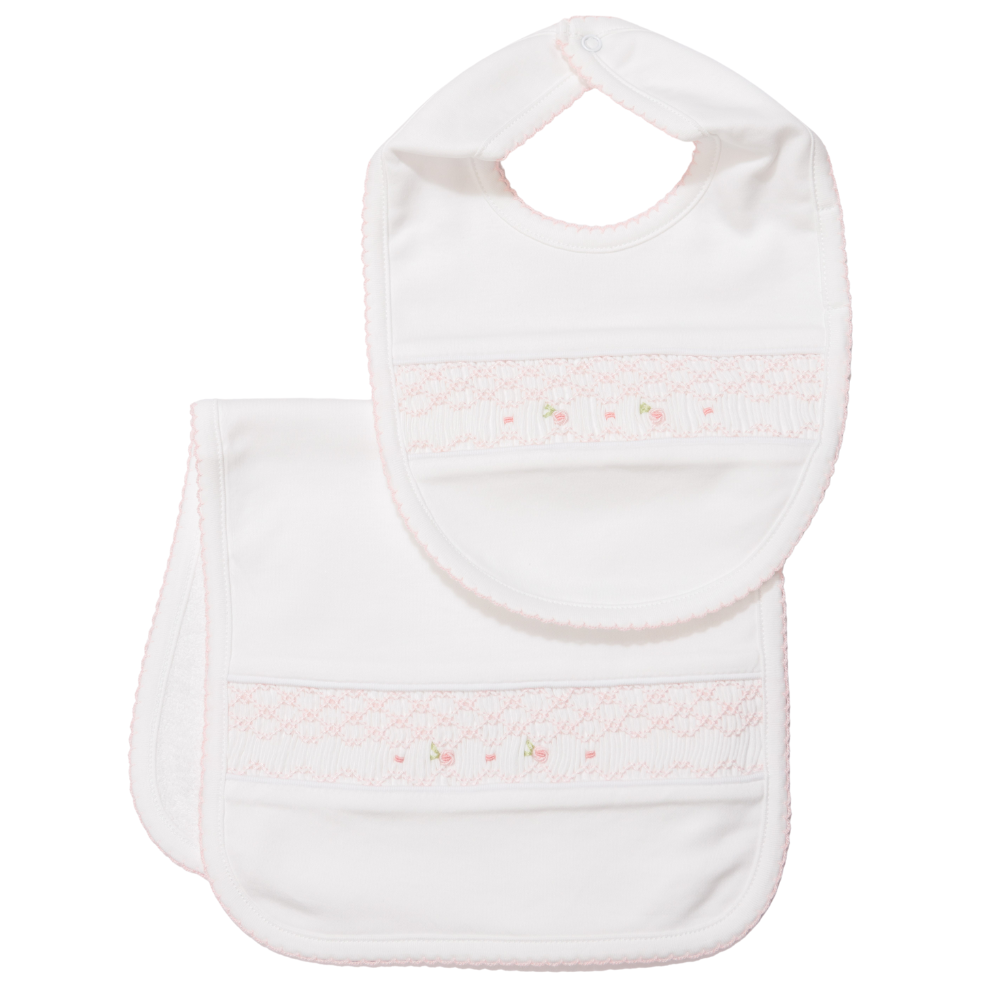 Set Babero y Babita Blanco Nido Rosado/Flores