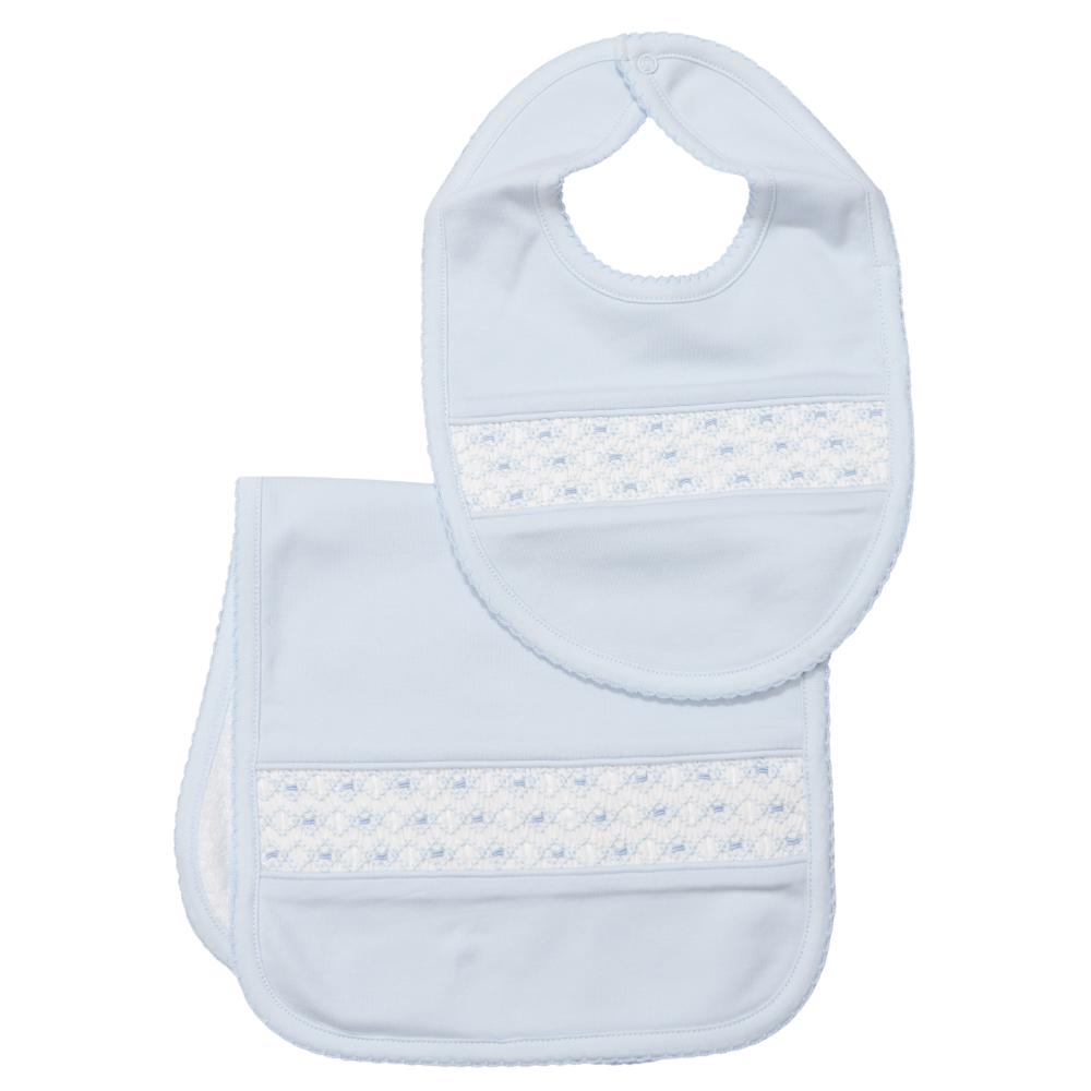 Set Babero y Babita Celeste Nido de Abeja Blanco/Puntos