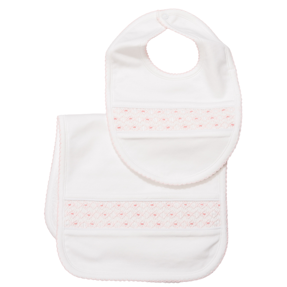 Set Babero y Babita Blanco Nido de Abeja Vertical Rosado