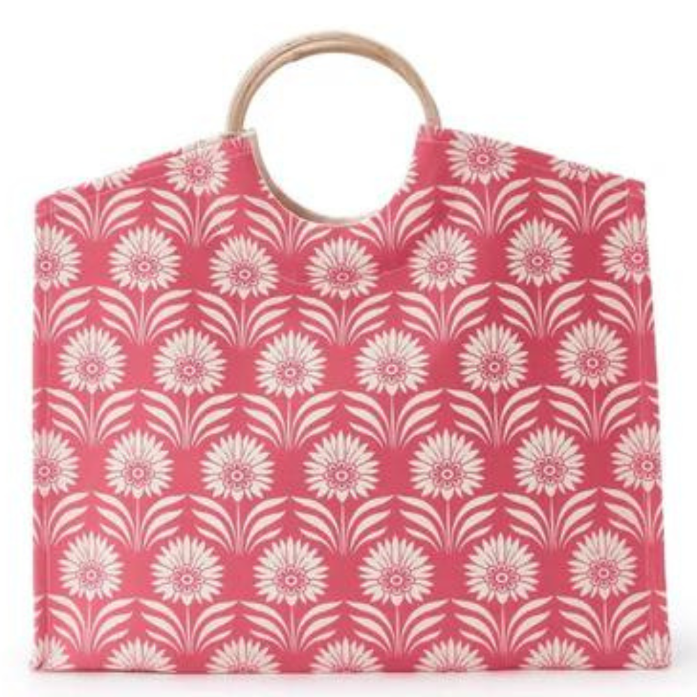 Pink Palm Deco Tote with Bamboo handle