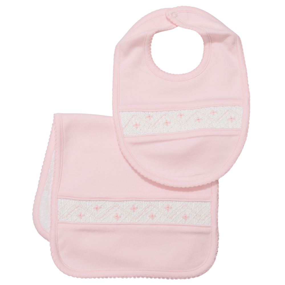 Set Babero y Babita Rosado Nido de Abeja Blanco
