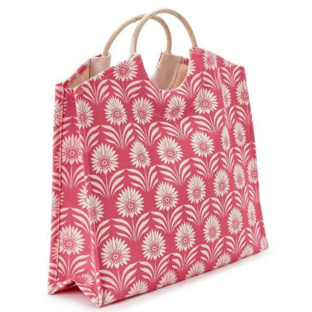 Pink Palm Deco Tote with Bamboo handle