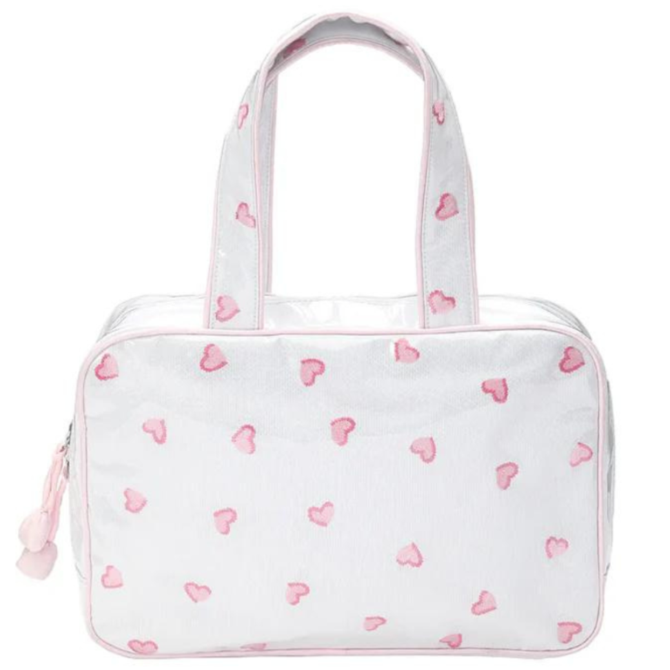 Embroidered Double Handle Cosmetic Bag - Pink Hearts
