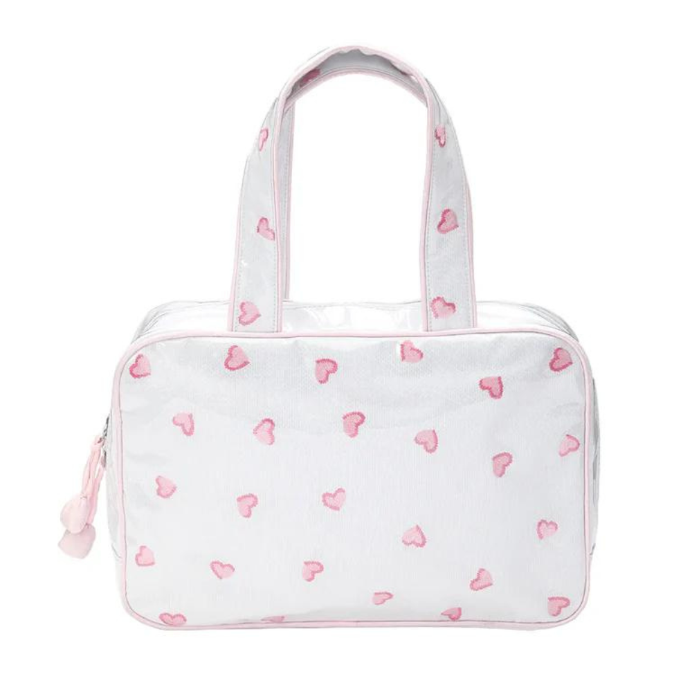 Embroidered Double Handle Cosmetic Bag - Pink Hearts