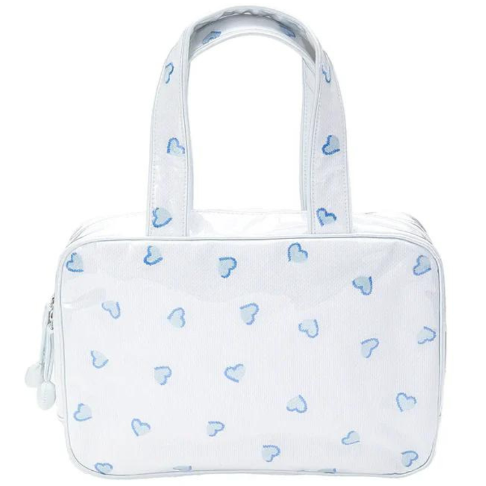 Embroidered Double Handle Cosmetic Bag - Blue Hearts