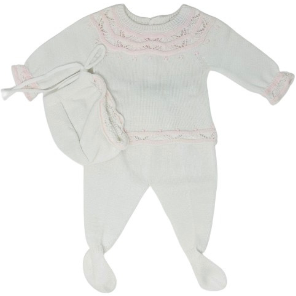 Conjunto Tejido Largo Con Gorro Blanco Con Rosado - Newborn