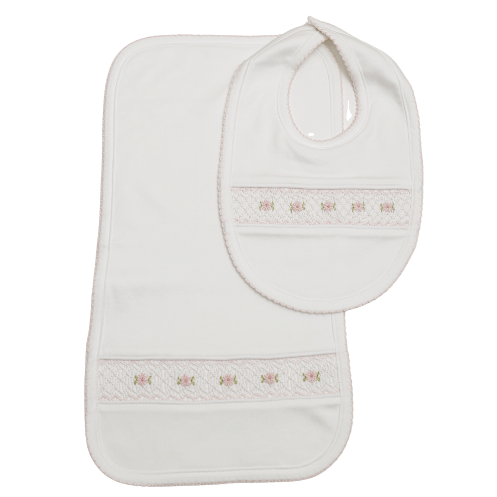 Set Babero y Babita Blanco Smock Flores