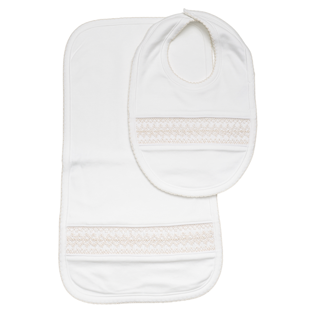 Set Babero y Babita Blanco/Beige Smock
