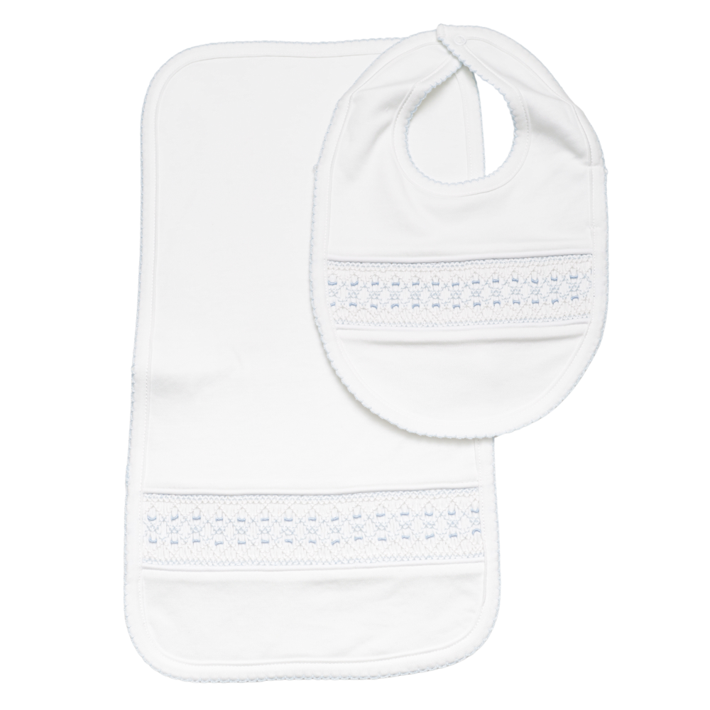 Set Babero y Babita Blanca Nido de Abeja Celeste/Bco