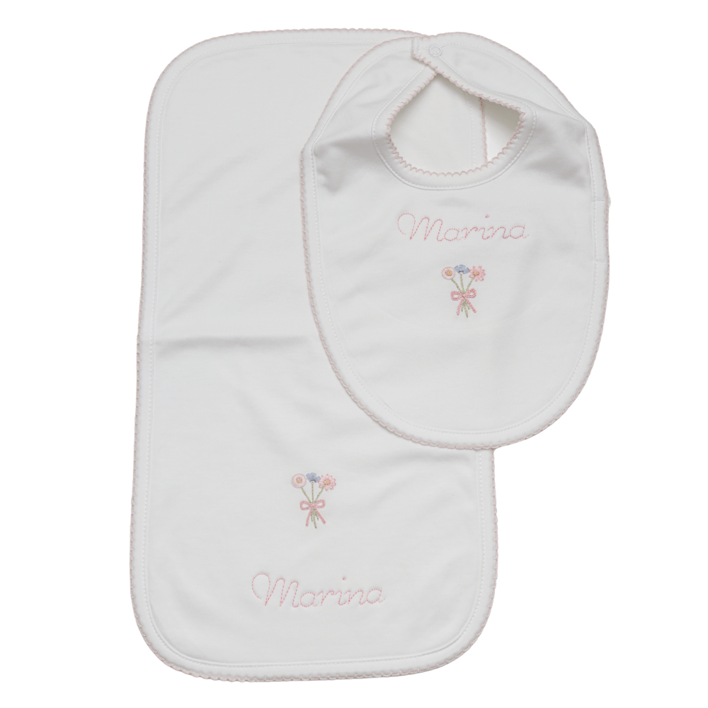 Set Babero y Babita Blanco - Flores