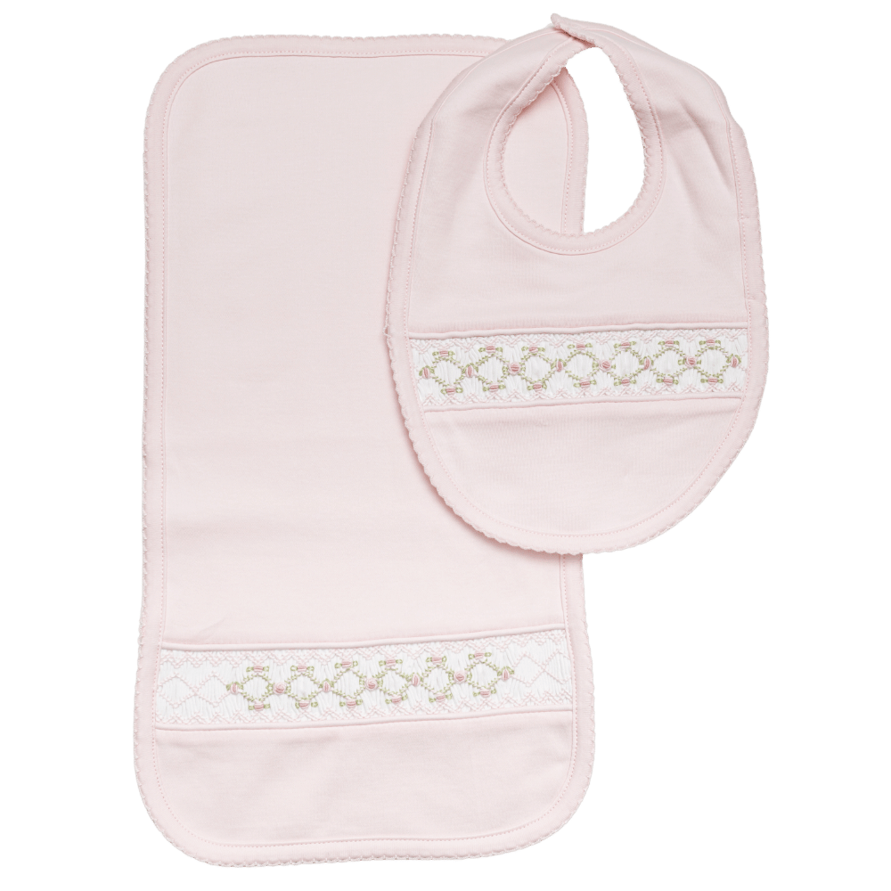 Set Babero y Babita Rosado Smock Trellis