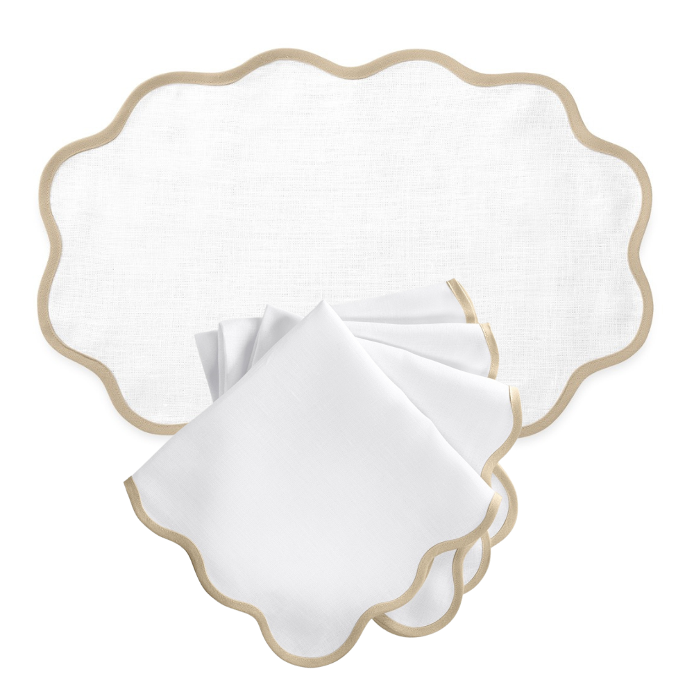 Set of 12 Scallop Edge Placemats and Napkins - Oat
