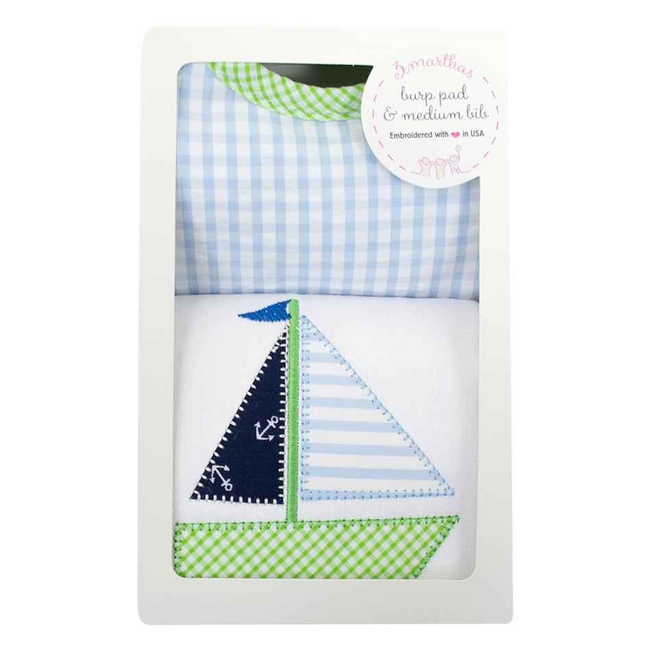 Boxed Burp/Bib Set Blue Sailboat