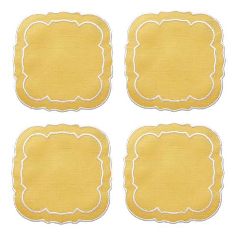 Set Of 4 Linho Scalloped Square Coaster  - Yellow/White | Porta Vasos | Panderetta Bordados