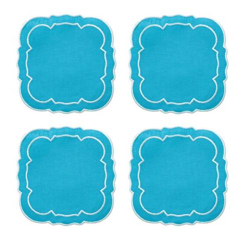 Set Of 4 Linho Scalloped Square Coaster - Turquoise/White | Porta Vasos | Panderetta Bordados