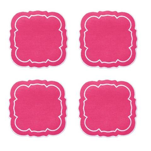 Set Of 4 Linho Scalloped Square Coaster - Fuschia/White | Porta Vasos | Panderetta Bordados