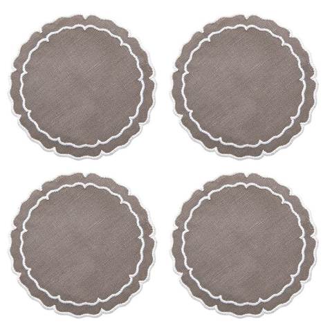 Set Of 4 Linho Scalloped Round Coaster - Charcoal/White | Porta Vasos | Panderetta Bordados