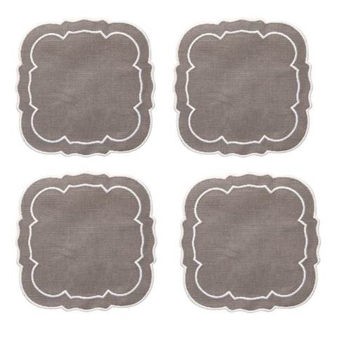 Set Of 4 Linho Scalloped Square Coaster - Charcoal/White | Porta Vasos | Panderetta Bordados