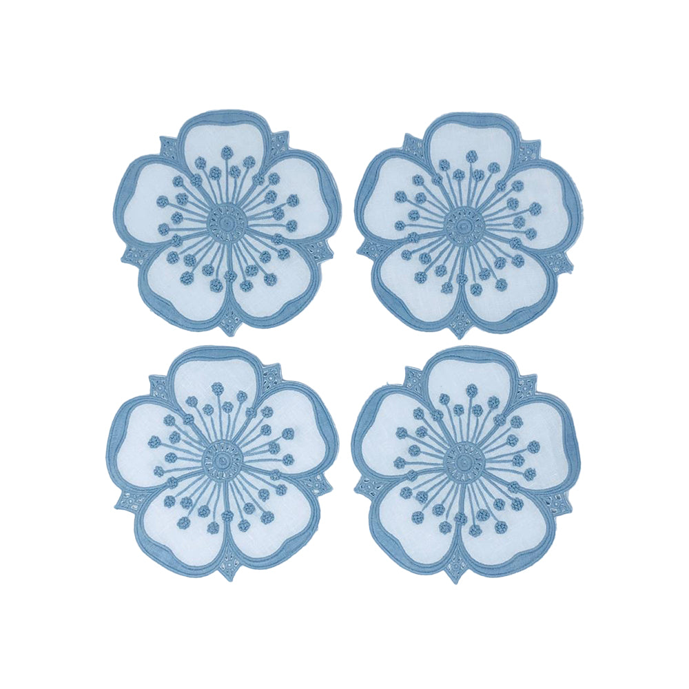 Petal Coasters Blue Set Of 4 | Servilletas de Coctel | Panderetta Bordados