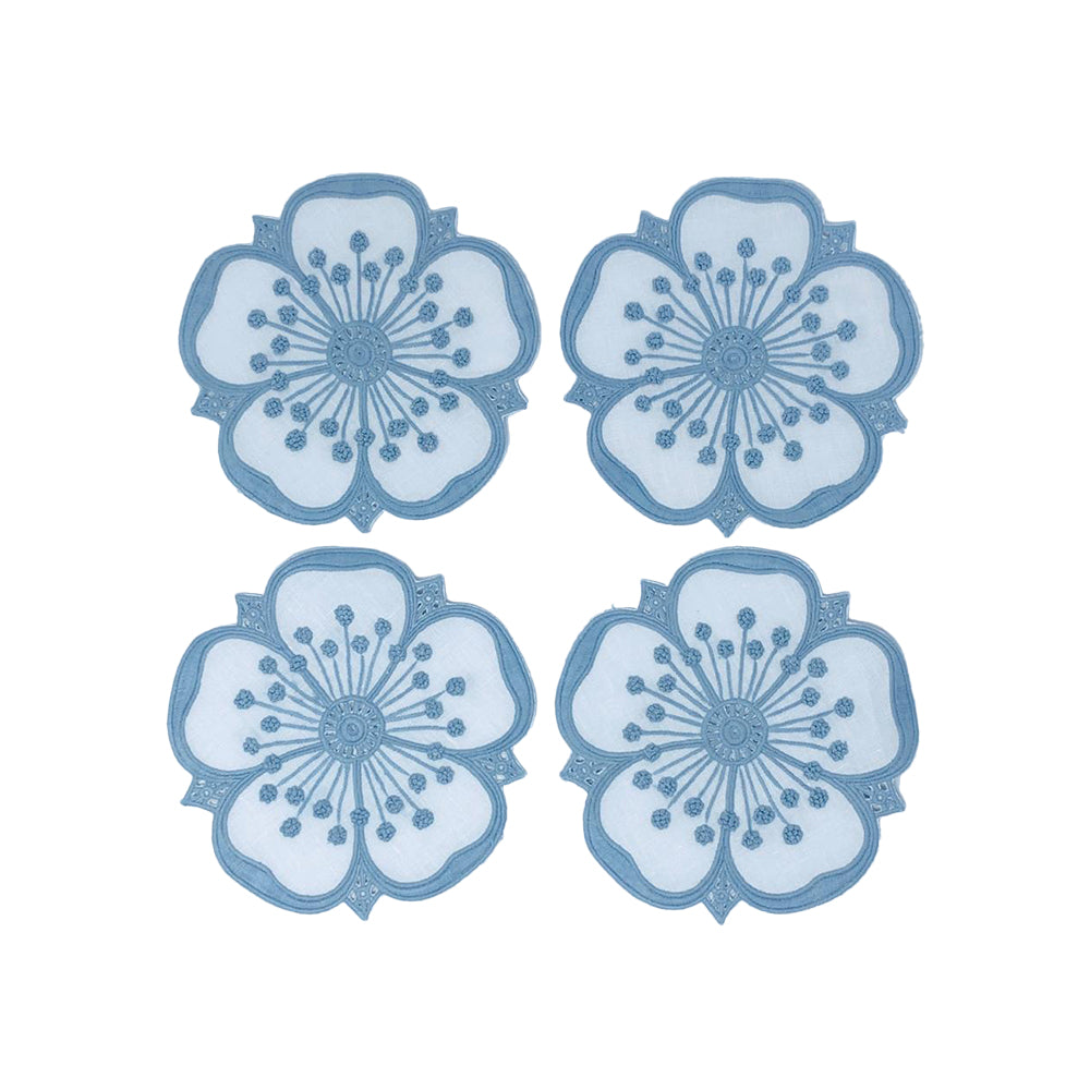 Petal Coasters Blue Set Of 4 | Servilletas de Coctel | Panderetta Bordados