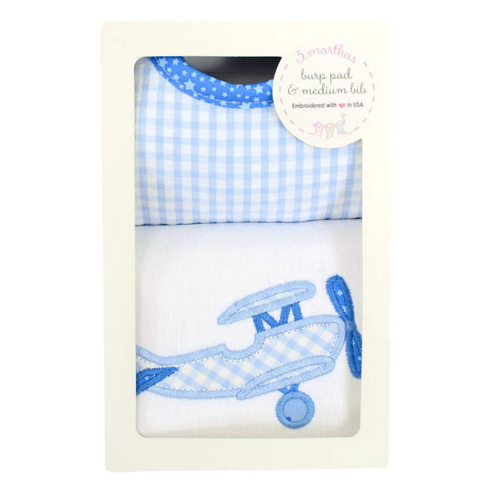 Boxed Burp/Bib Set Blue Plane