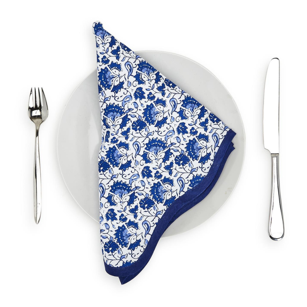 Chinoiserie Blue Floral Set of 4 Scalloped Edge Printed Napkins