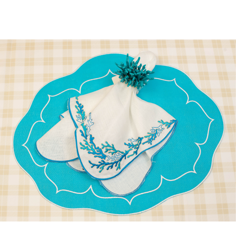 Set Of 6 Linho Mat Oval - Turquoise/White