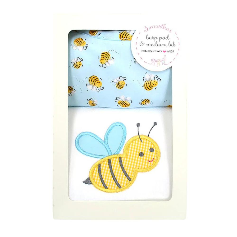 Boxed Burp/Bib Set Blue Bumble Bee